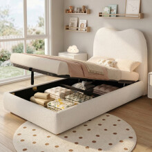 (Beige) Upholstered Single Bed with Hydraulic Storage headboard,Fairytale,3ft-90 x 190cm, 360 Rounded corners