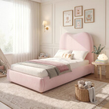 (Pink) Upholstered Single Bed with Hydraulic Storage headboard,Fairytale,3ft-90 x 190cm, 360 Rounded corners