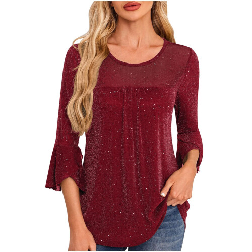 Glitzernde Damenbluse, Dreiviertelärmel-Rundhalsbluse,-Rot M