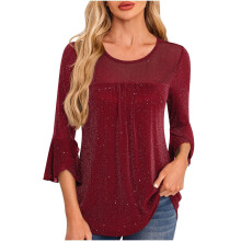 Glitzernde Damenbluse, Dreiviertelärmel-Rundhalsbluse,-Rot XL