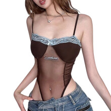 Damen-Body mit Spaghettiträgern, durchsichtigem Netzstoff,-XL