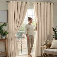 (90x90in-Wide Window Curtains, Cream) Thermal Insulated Blackout Eyelet Curtains-Thick Ready Made Windows Drapes