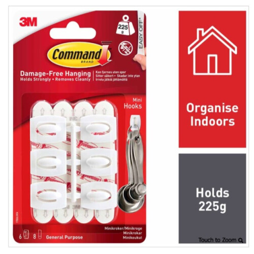 3M 3M Command 6 Pack Mini Clear Self Adhesive Strips Hooks Damage Free Hold 225g