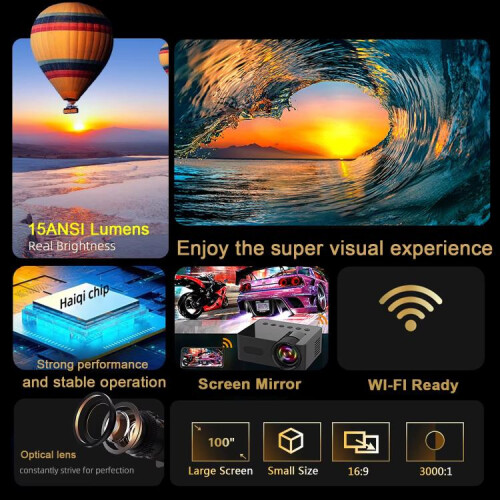 YT100 Suppor 1080P Mini Portable Projector WiFi Wireless Mirroring For IOS Android Smartphone(Black) 2