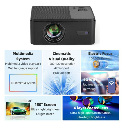 AUN A32 Pro 1280x720P 300ANSI Android 13 WIFI Display Smart Projector,(Black) 2