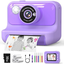 Hangrui Kids Camera Instant Print, 2.4'' Instant Camera for Kids, 1080P Children Cameras with 32GB Card & 3 Rolls Photo Paper, Aged 3-12 -Purple