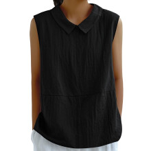 Cotton Linen Shirts for Women Sleeveless Collared-Black XL