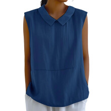 Cotton Linen Shirts for Women Sleeveless Collared-Navy Blue M