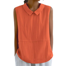 Cotton Linen Shirts for Women Sleeveless Collared-Orange L