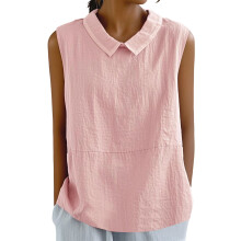 Cotton Linen Shirts for Women Sleeveless Collared-Pink M