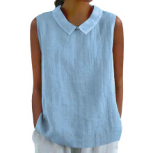 Cotton Linen Shirts for Women Sleeveless Collared-Sky Blue M