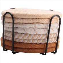 (UN) Lot de 8 sous-verres avec support, 4 couleurs, absorbants, en coton tiss??.