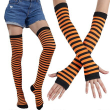 (Orange noir) Chaussettes hautes ray??es color??es pour femmes, ensemble mitaines tricot??es, rouge et vert