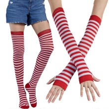 (Rouge et blanc) Chaussettes hautes ray??es color??es pour femmes, ensemble mitaines tricot??es, rouge et vert