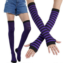 (violet clair noir) Chaussettes hautes ray??es color??es pour femmes, ensemble mitaines tricot??es, rouge et vert