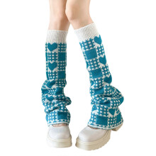 (Bleu) Gu??tres longues ??vas??es esth??tiques pour femmes et adolescentes, motif carr??s et c?urs tendance, chaussettes tricot??es jaunes