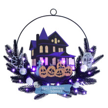 Halloween Door Sign Lighted Hanging Decoration for Home, Welcome Wooden Sign Hanger Wreath Decor for Front Door, 30LED Lighted Wall Decor Ba