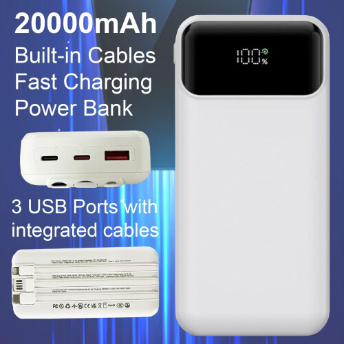 10000mAh LCD Power Bank Built-in 3 Cables White uk 1