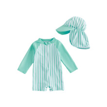 (18-24 Months, Green) Baby Boys Rash Guard Swimsuit Playsuits Stripe Print Long Sleeve Toddler Swimwear Bathing Suit with Sun Hat