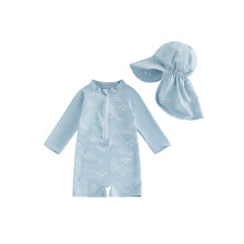 (12-18 Months, Blue) Baby Boy Rash Guard Swimsuit Set Long Sleeve Front Zipper Bathing Suit with Swim Hat Cartoon Bird Sun Print Swimwear