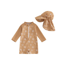 (18-24 Months, Brown) Baby Boy Rash Guard Swimsuit Set Long Sleeve Front Zipper Bathing Suit with Swim Hat Cartoon Bird Sun Print Swimwear