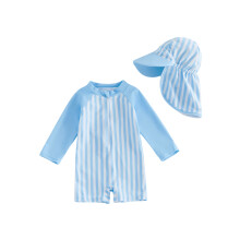 (18-24 Months, Blue) Baby Boys Rash Guard Swimsuit Playsuits Stripe Print Long Sleeve Toddler Swimwear Bathing Suit with Sun Hat