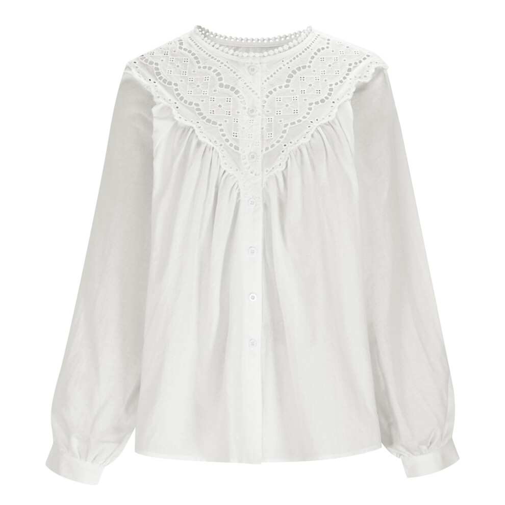 Women Cotton Long Sleeve Top Loose Fit Lace Crochet-White S