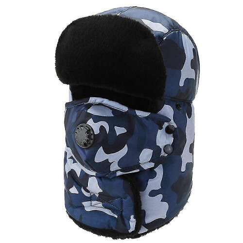 (Bleu) Bonnet de ski d'hiver avec cache-oreilles et masque coupe-vent
