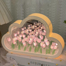 (Pink, Pink) DIY Handmade Cloud Tulip Night Light Mirror Atmosphere Light Desktop Ornament, Battery Operated