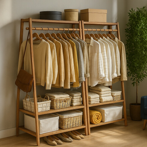 Bamboo Clothes Rail with 2 Shelves