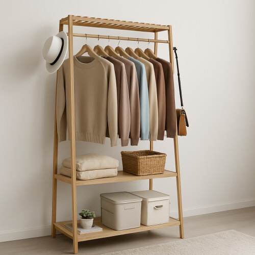 Bamboo Clothes Rail with 2 Shelves 1