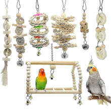 Hanging Bell Bird Cage Toys, Volcanic Pumice Rock Material & Natural Wood Helps Keep Teeth Trim & Clean, Suitable For A Variety Of B