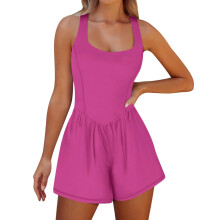 Women's Sleeveless Workout Romper Tennis Dress with-rose red XL