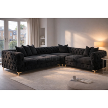 (Black Velvet, 5 Seater Corner) Monaco Sofa 3+2 Set 1,2,3 Seater Chesterfield Velvet Couch Longue Lounger Settee