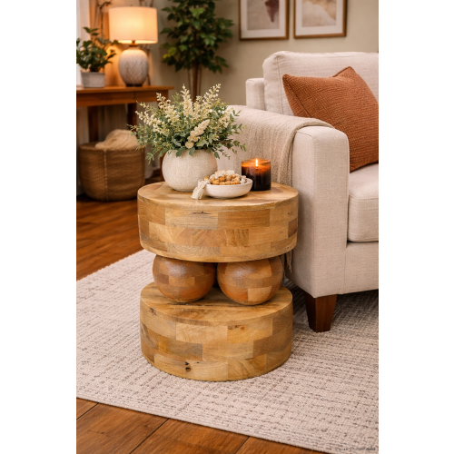 Mango Wood Sculptural Side Table Modern Round Accent Table 40cm 2