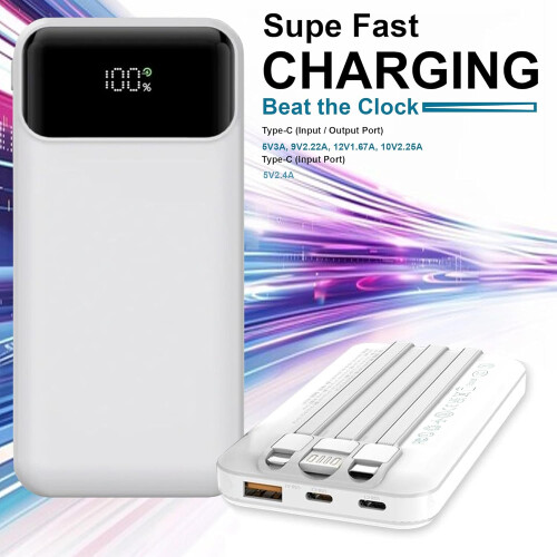 10000mAh LCD Power Bank Built-in 3 Cables White uk 2