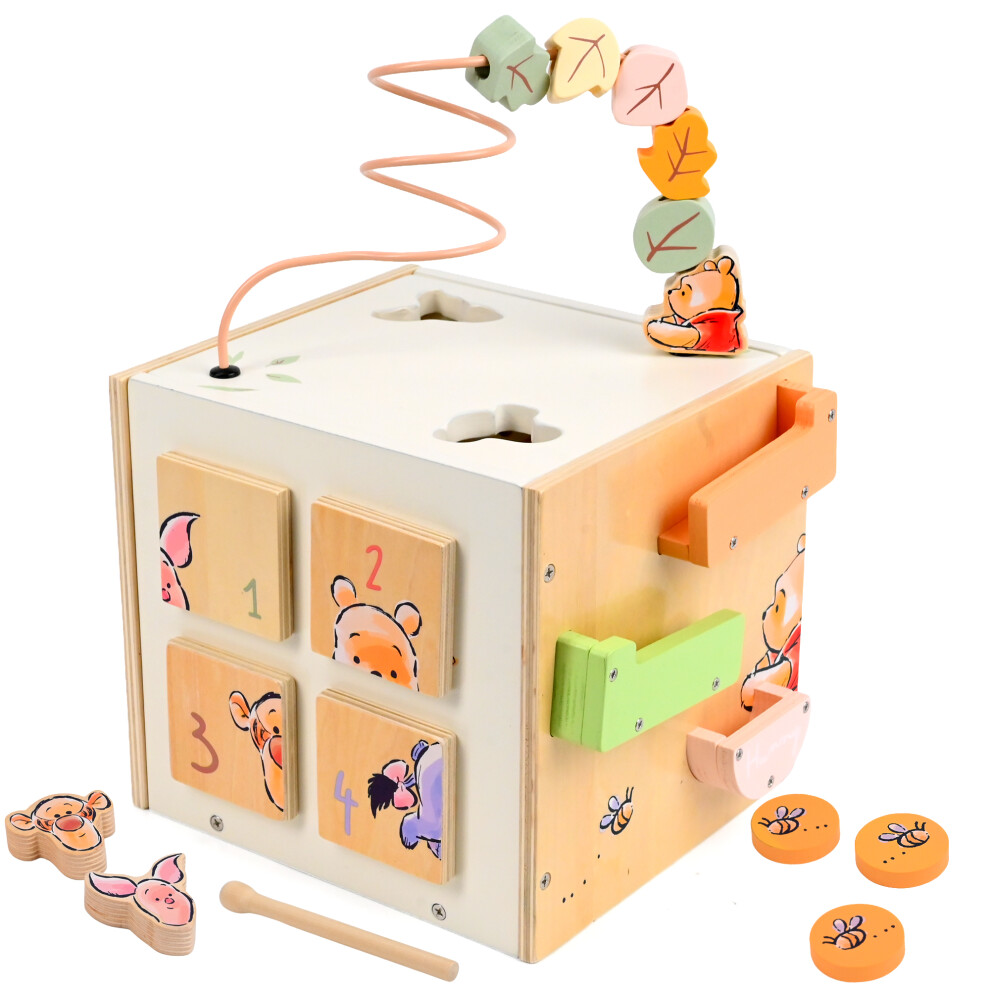 Disney Winnie The Pooh Wooden Activity Cube For Toddlers With Bead Maze, Shape Sorter, Xylophone, Puzzle, Motor Skills For Age 1+