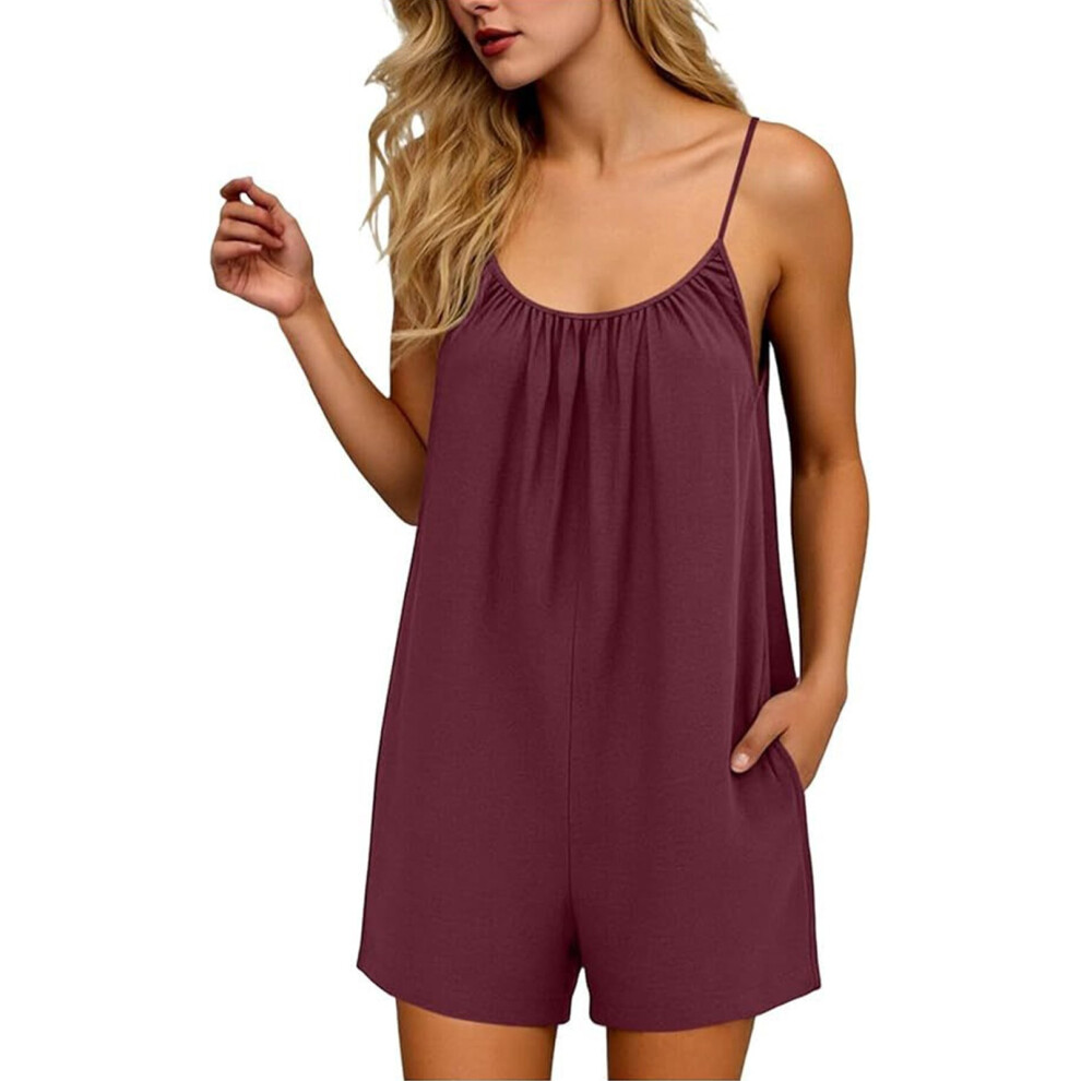 Women's Casual Loose Jumpsuit Adjustable Shoulder Straps-Red L