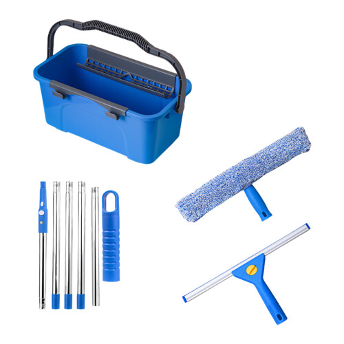 Premium Window Scrubber And Squeegee Set Has 3 Gallon Holder For