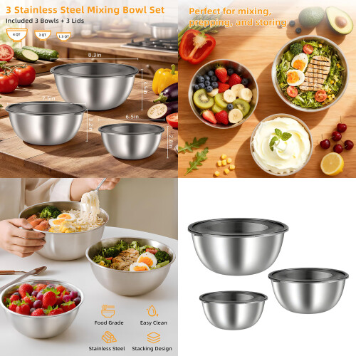 Stackable Stainless Steel Serving Bowls With Transparent-Gold 2