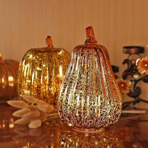 (14*19.5cm) Twinkle LED Light Pumpkins, Timer Lighted Sparkling Starry Night Glass Pumpkins 2