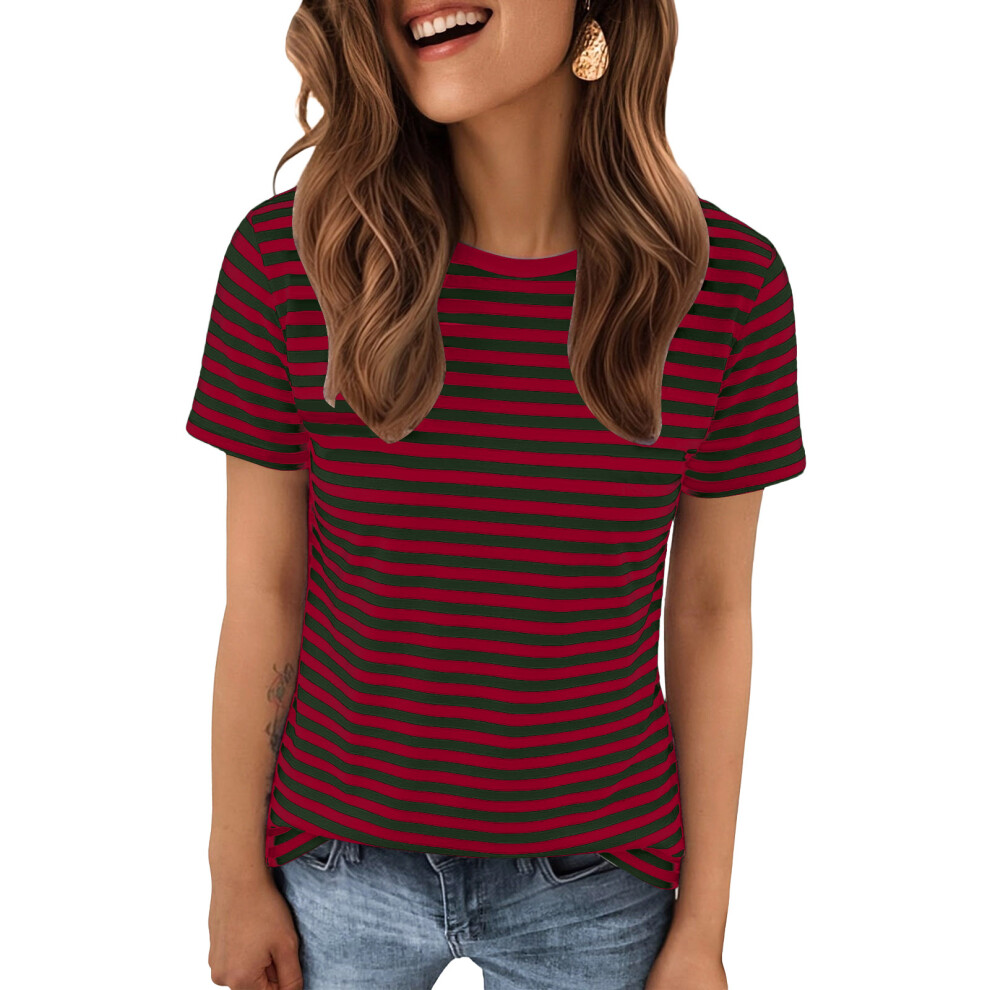 Burgundy (1 Item) Women's Short-Sleeved Striped- Xxl