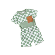 (2-3 Years, Green) Ensemble 2 pièces garçon : T-shirt à manches courtes à carreaux et short élastique, parfait pour l'été.