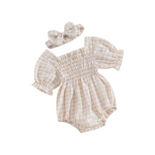 (9-12 Months, Khaki) Ensemble 2 pièces pour bébé fille : barboteuse à carreaux et bandeau assorti. Vêtements de printemps.