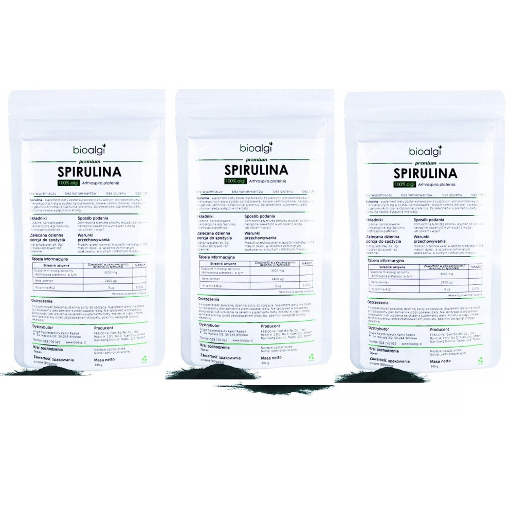 3x Spirulina Platensis dietary supplement powder 240g from Bioalga - certified quality with a high concentration of nutrients