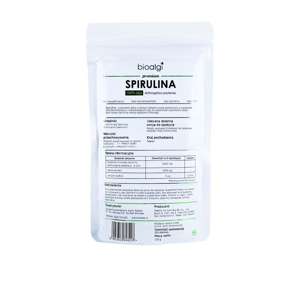 Spirulina Platensis Bioalgae 100% Natural - Dietary Supplement - 250 Tablets