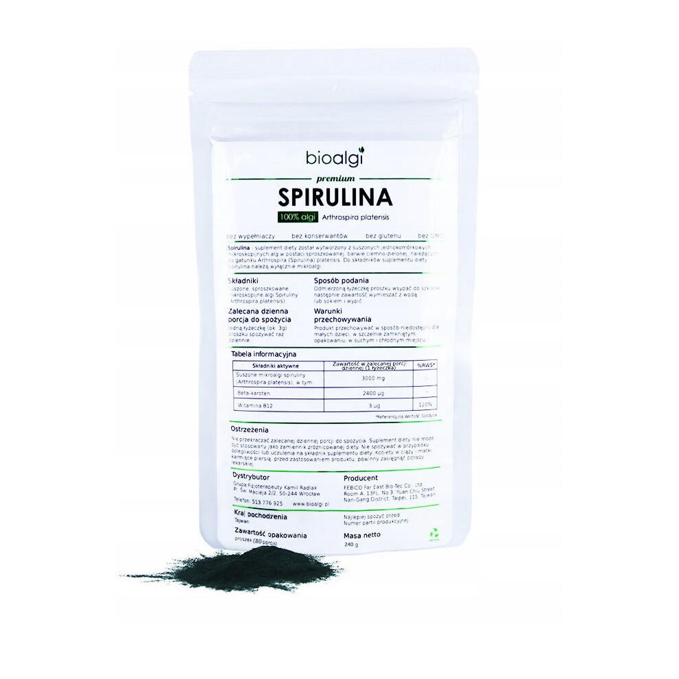 Dietary supplement Spirulina Platensis powder 240g from Bioalga - certified quality with a high concentration of nutrients