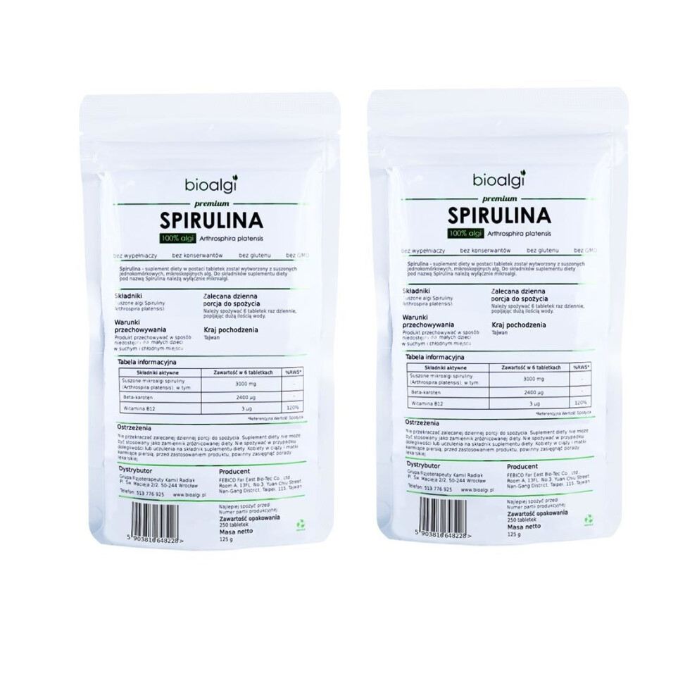 2x Spirulina Platensis Bioalgae 100% Natural - Dietary Supplement - 250 Tablets
