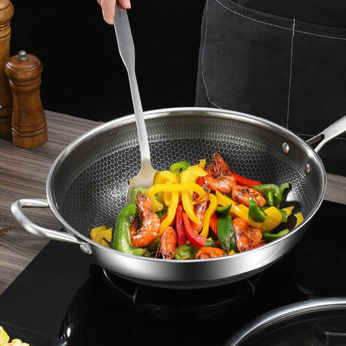 Deep Frying Pan Wok Stainless Steel Silver 1pcs 2