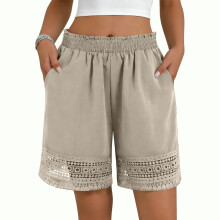 Women's Casual Elastic Waist Shorts Stretch Lace Trim-apricot S